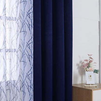 BONZER Mix and Match Curtains - 2 Pieces Branch Print Sheer Curtains and 2 Pieces Blackout Curtains for Bedroom Living Room Grommet Window Drapes, 37x63 Inch/Panel, Indigo, Set of 4 Panels