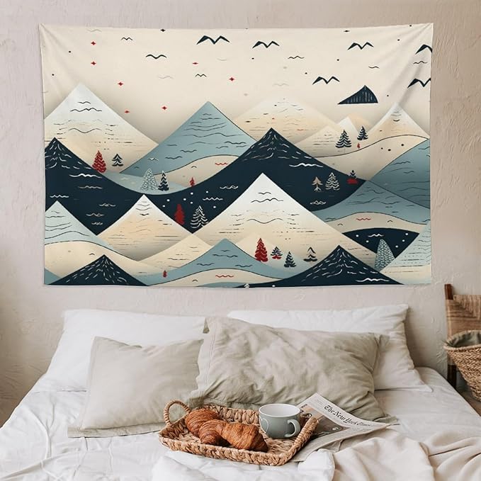 Tapastry's Wall Hanging Snow Mountain Scandinavian Winter Tapestry Hello Winter Holiday Bedroom Tapestries Wall Art Decor for Bedroom Living Room Dorm 60"x90" Tapestries Winter Snowflake Decorative
