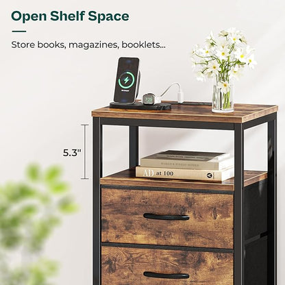 Huuger Nightstands Set of 2, 27.6 Inch End Tables with Charging Station, Fabric Drawers, Bedside Tables with USB Port and Outlet, Night Stands for Bedroom, Rustic Brown