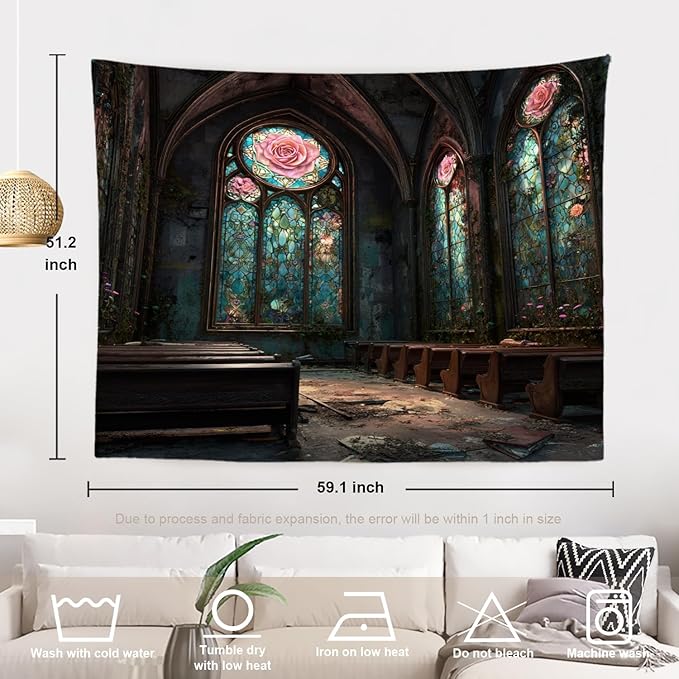 Batmerry Abandoned Chapel Tapestry, Stained Glass Roses Broken Pews Wall Art Hanging Decoration Polyester Fiber White Ruffled Around for Dorm Room Bedroom Living Room, 51.2x59.1 inches