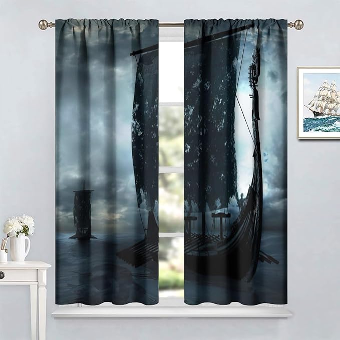 Viking Ship Curtains, Night Scene with Black Vikings Dragon Ship Sailing, Vintage Ancient Scandinavian Nautical Print Blackout Window Drapes for Boys Bedroom Living Room 63x72in