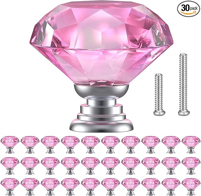 POZEAN Crystal Drawer Knobs 30 Pack, 1.18 inch Glass Knobs for Cabinet, Dresser with Two Different Sizes Screws, Diamond Pulls Handles (30mm, 30Pack, Pink-Silver)