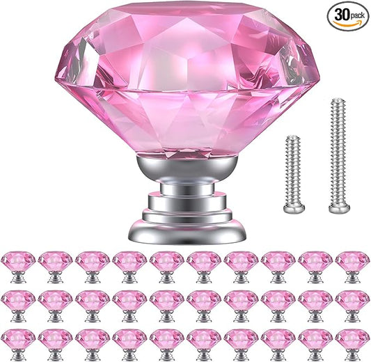 POZEAN Crystal Drawer Knobs 30 Pack, 1.18 inch Glass Knobs for Cabinet, Dresser with Two Different Sizes Screws, Diamond Pulls Handles (30mm, 30Pack, Pink-Silver)