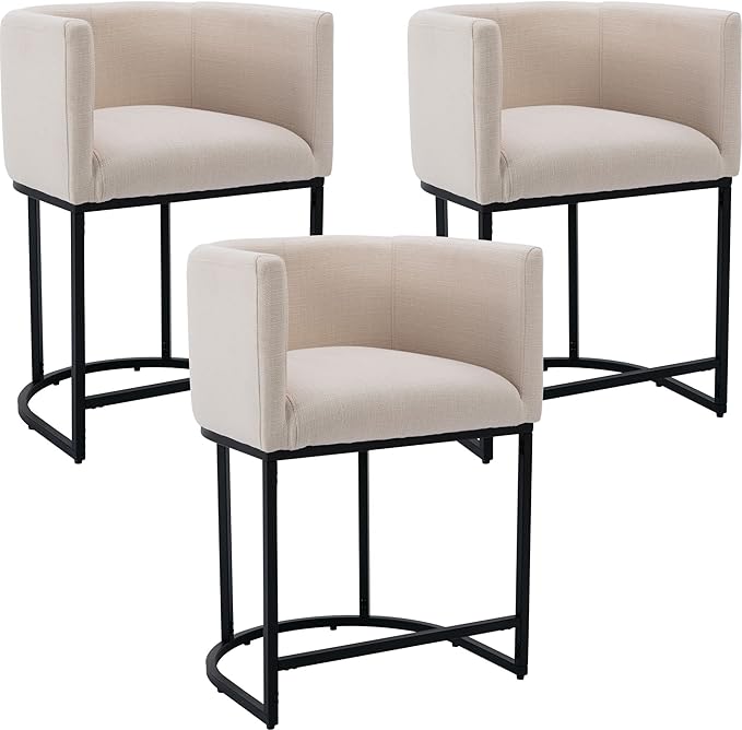 Modern Counter Height Linen Upholstered Bar Stools Set of 3, 24" Kitchen Counter Island Stools Bar Chairs with Black Metal Frame, Cream