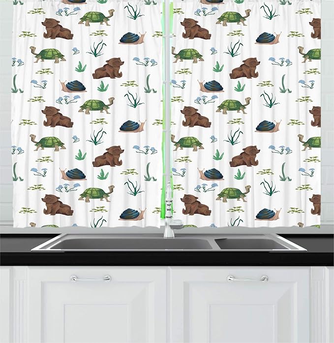 Lunarable Animals Kitchen Curtains, Continuous Cartoon Pattern of Forest Life Creatures Funny Bear and Turtle, Window Drapes 2 Panel Set for Kitchen Cafe Decor, 55" x 39", Umber and Slate Blue