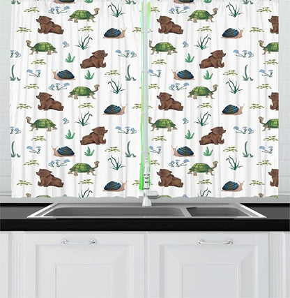 Lunarable Animals Kitchen Curtains, Continuous Cartoon Pattern of Forest Life Creatures Funny Bear and Turtle, Window Drapes 2 Panel Set for Kitchen Cafe Decor, 55" x 39", Umber and Slate Blue