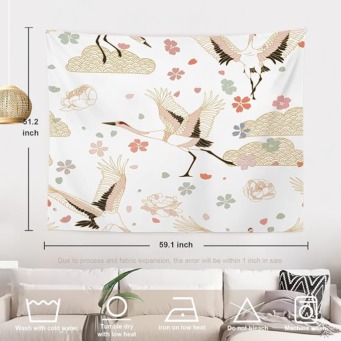 Batmerry White and Gold Japanese Tapestry,Rustic Wall Art Hanging Decoration Polyester Fiber White Ruffled Around for Dorm Room Bedroom Living Room, 51.2x59.1 inches