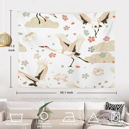 Batmerry White and Gold Japanese Tapestry,Rustic Wall Art Hanging Decoration Polyester Fiber White Ruffled Around for Dorm Room Bedroom Living Room, 51.2x59.1 inches