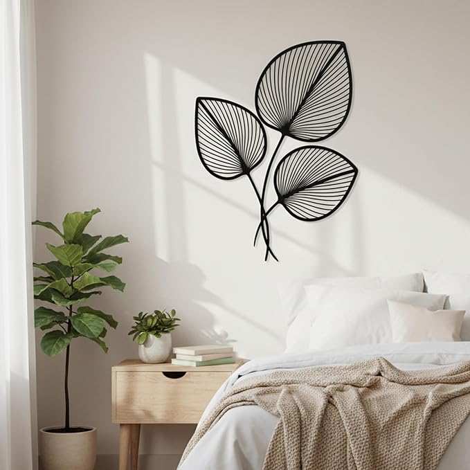 Momchi Minimalist Leaf Metal Wall Art | Modern Botanical Line Art Wall Decor | Boho Steel Leaf Sculpture for Living Room; Bedroom; Office | Scandinavian Nature-Inspired Wall Hanging