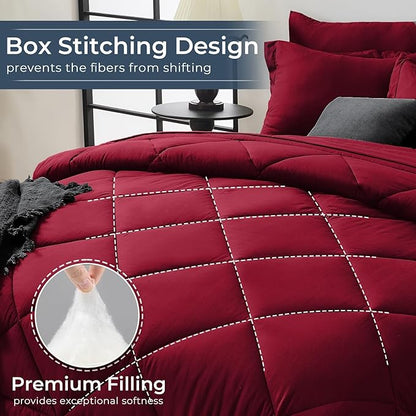 HEVUMYI Red King Comforter Set - 7-Piece All Season Bed in a Bag King, Ultra Soft Bedding Set with Comforter, Flat Sheet, Fitted Sheet, Pillowcases, Pillow Shams