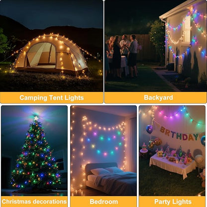 Moobibear Camping String Lights, Quick Storage, 33FT/100LED RGB Rechargeable Tent Lights String with USB 8 Lighting Modes, Hanging Waterproof Portable LED Lamp for for Camping Essentials, Yard, Party