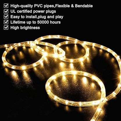 SURNIE LED Rope Lights Outdoor Warm White, Waterproof 18FT Cuttable 3000K Soft Lighting Indoor 110V Flexible Clear Tube for Bedroom Outside Garden Deck Patio Camping Decor, Not Flat Strip