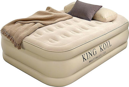 King Koil Luxury Air Mattress 16in Full Size Beige with Built-in Pump for Home, Camping & Guests-Inflatable Airbed Luxury Double High Adjustable Blow Up Mattress, Durable - Portable and Waterproof