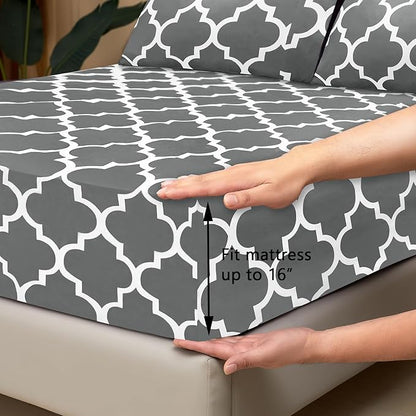 Mejoroom Full Bed Sheet Set - Super Soft Brushed Microfiber 1800 Thread Count Sheets with 16 inch Deep Pocket - Wrinkle Free - 4 Piece(Full, Gray Quatrefoil with White Pattern)