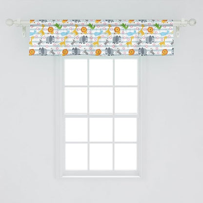 Ambesonne Savannah Window Valance, Friendly Zoo Animals with Happy Faces Cartoon Characters on Stripes Print, Curtain Valance for Kitchen Bedroom Decor with Rod Pocket, 42" x 12", Pale Azure Blue