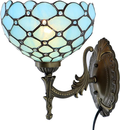 Small Tiffany Wall Sconce Lamp Stained Glass 8X10.5X11 Inch Plug in Sconce Bedside Light for Hallway Bedroom (Sea Blue Beads)