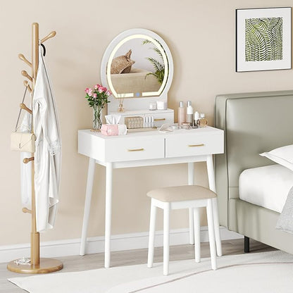 CHARMAID Vanity Desk with Mirror and Lights, Modern Makeup Vanity Table with 4 Drawers, 3-Color Dimmable LED Mirror, Girls Dressing Table and Stool Set for Small Bedroom (White)