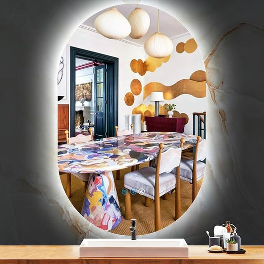 THEKLA 24 x 40 Inch Oval Lighted Vanity Mirror with Lights Backlit Smart Memory 3 Color Dimmable AntiFog 40" Frameless LED Oval Backlit Mirror for Bathroom Salon Makeup Wall Vertical/Horizontal Mount
