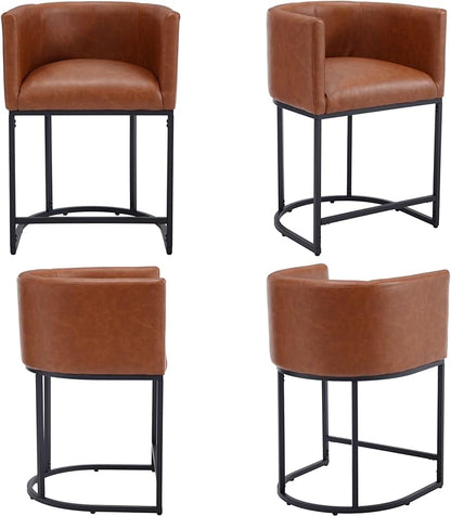Modern Counter Height PU Leather Upholstered Bar Stools Set of 4, 24" Kitchen Counter Island Stools Bar Chairs with Black Metal Frame, Brown