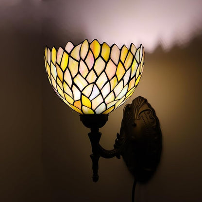 Tiffany Sconce Lamp Stained Glass Wall Lamp,8X10.5X11 Inch Plug in Wall Bedside Light for Hallway Bedroom (Seven Color Wisteria)
