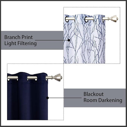 BONZER Mix and Match Curtains - 2 Pieces Branch Print Sheer Curtains and 2 Pieces Blackout Curtains for Bedroom Living Room Grommet Window Drapes, 54x95 Inch/Panel, Indigo, Set of 4 Panels