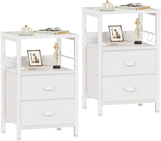 Furologee Nightstands Set of 2, End Table with 2 Fabric Drawers, Night Stand with 2 Hooks, Open Wood Shelf Bedside Table for Bedroom/Living Room/White