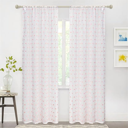 MYSKY HOME 72 Inch Long Pink Pom Pom White Sheer Curtains for Bedroom Curtains for Baby Nursery Door Curtains for Doorway 2 Panels Light Filtering Rod Pocket Semi Window Drapes 52 x 72 inch