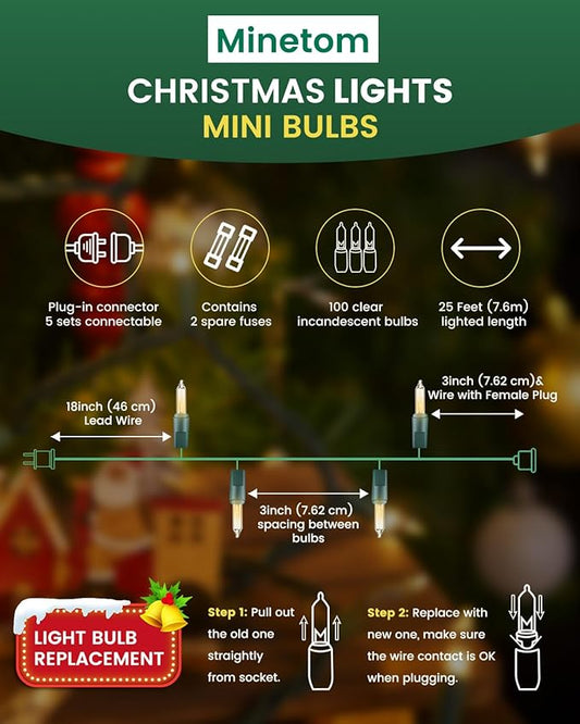 Clear Christmas String Lights 100 Count 25 Feet Incandescent Bulb Mini Lights for Indoor Xmas Tree Garland Birthday Wedding Party Festival Decoration, Green Wire