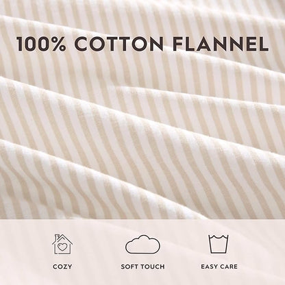 Laura Ashley - Flannel Sheets King Size, Anti-Pilling & Wrinkle Resistant Cotton, Touchably Soft for All-Season Comfort - Bed Sheets with Matching Pillowcases & Fitted Sheet (Oxfordshire Stripe Beige)