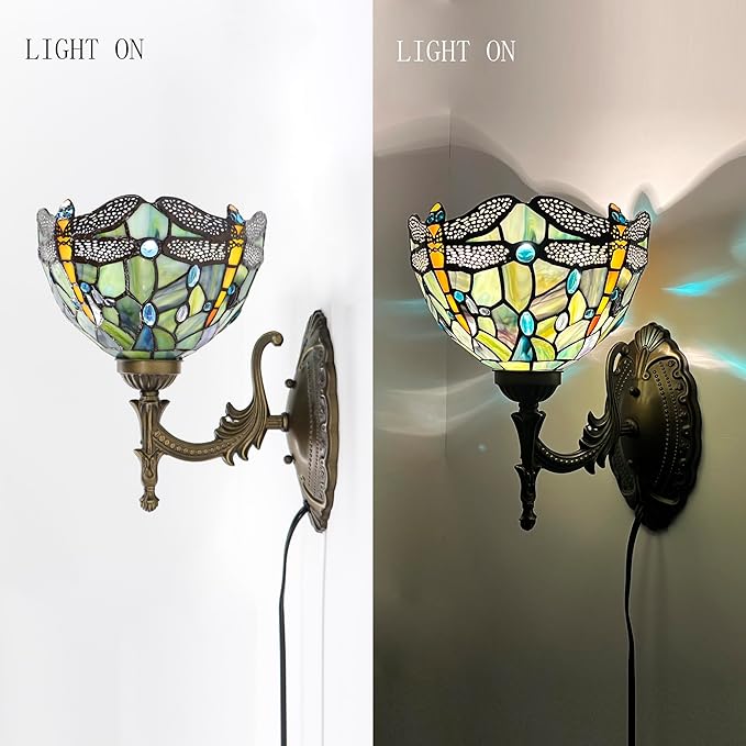 Tiffany Sconce Lamp Stained Glass Wall Lamp,8X10.5X11 Inch Plug in Wall Bedside Light for Hallway Bedroom (Brown Dragonfly)