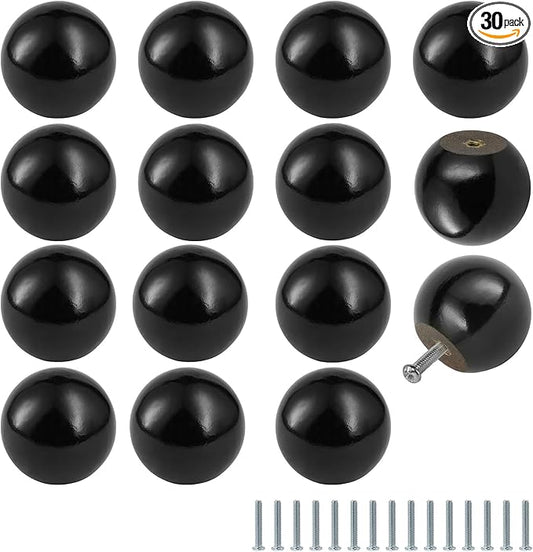 FoDau770 30pcs Black Wood Knobs, Round Ball Cabinet Knobs Vintage Drawer Pulls, Natural Wooden Cabinet Hardware for Furniture Drawer Dresser Wardrobe Cupboard - 1-1/2" Diameter