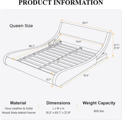 SHA CERLIN Modern Low Profile Platform Bed Frame Queen Size, Stylish Faux Leather Upholstered Sleigh Bed with Adjustable Headboard, No Box Spring Needed, Black&White