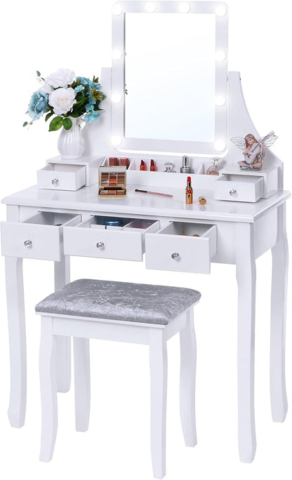 BEWISHOME Makeup Vanity Desk with Lights,Girls Vanity Set with Mirror and Stool,Small Vanity Desk with 5 Drawers,3 Light Settings,Adjustable Brightness,Dressing Table for Bedroom,White FST08W
