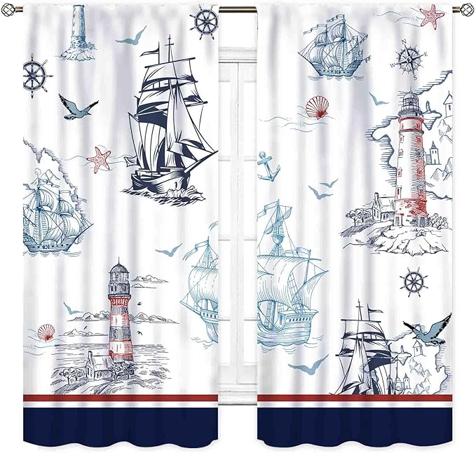 Nautical Curtains, Vintage Marine Coastal Sailboat Compass Anchor Ocean Beach Lighthouse Watercolor Blue Decorative Drapes for Bedroom Living Room Kitchen Bathroom Window 2 Panels, 42"x45" Inch