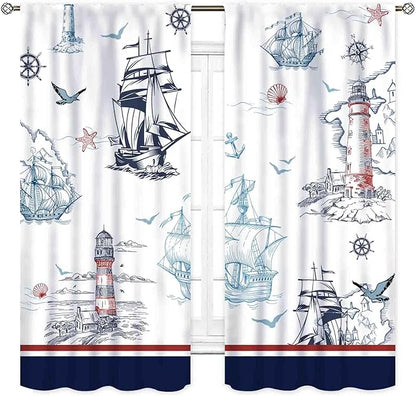 Nautical Curtains, Vintage Marine Coastal Sailboat Compass Anchor Ocean Beach Lighthouse Watercolor Blue Decorative Drapes for Bedroom Living Room Kitchen Bathroom Window 2 Panels, 42"x63" Inch