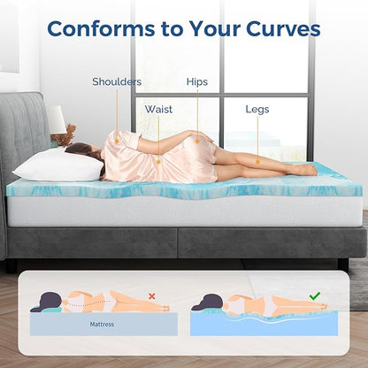 Mattress Topper Queen, 4 Inch Gel Memory Foam Bed Topper for Queen Size Bed, CertiPUR-US Certified, Blue