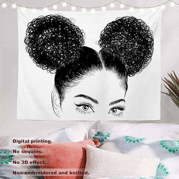 Batmerry Black American Afro Tapestry, White Graphic Woman Wall Art Hanging Decoration Polyester Fiber White Ruffled Around For Dorm Room Bedroom Living Room, 35 X 47 Inches