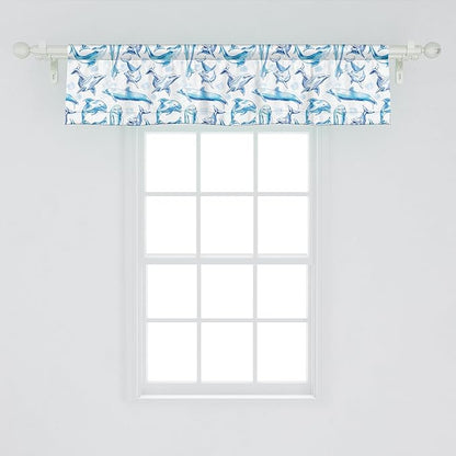 Ambesonne Sea Animals Window Valance, Sketch of Bottlenose Dolphins Playing Laughing in The Ocean Sea Life Print, Curtain Valance for Kitchen Bedroom Decor with Rod Pocket, 42" x 12", Turquoise White