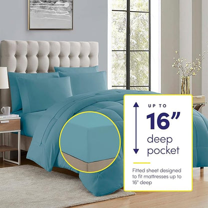 Sweet Home Collection 5 Piece Comforter Set Bag Solid Color All Season Soft Down Alternative Blanket & Luxurious Microfiber Bed Sheets, Misty Blue, Twin (Pack of 4)