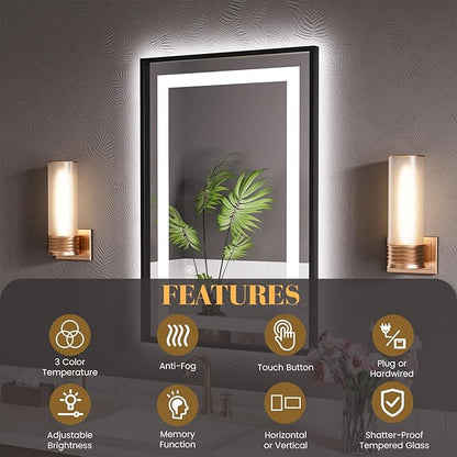 LED Bathroom Mirror,28"x36" Mirror with Black Frame, Front Light and Backlit, Stepless Dimmable, Anti-Fog, Shatter-Proof, Memory, 3 Colors, Double LED Vanity Mirror