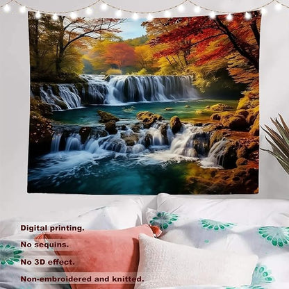 Batmerry Autumn Forest Tapestry, Waterfall At Red Autumn Forest Wall Art Hanging Decoration Polyester Fiber White Ruffled Around for Dorm Room Bedroom Living Room, 39.1x59.1 inches