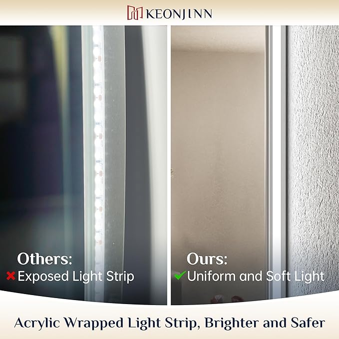 Keonjinn Bathroom Mirror with Lights 32 x 36 Inch, LED Mirror with Backlit, Anti Fog Lighted Mirror with Stepless Dimmable, UL Listed LED Driver, IP44 Waterproof, CRI90+, HD Tempered Glass
