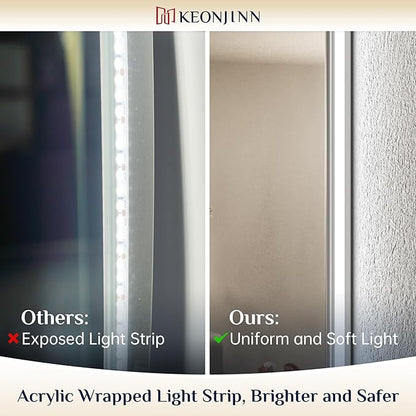 Keonjinn 24 x 32 Inch LED Bathroom Mirror with Backlit, Anti-Fog, CRI90+ HD Stepless Dimmable Mirror, High Lumen, Horizontal/Vertical Wall Mount, UL Listed Lighted Mirror, Waterproof