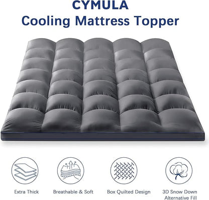 CYMULA Full Bed Mattress Topper, Grey Cooling Mattress Pad Cover, Thick Full Size Pillow Topper Soft with Deep Pockets, Washable Plush Down Alternative Fill Mattress Protector