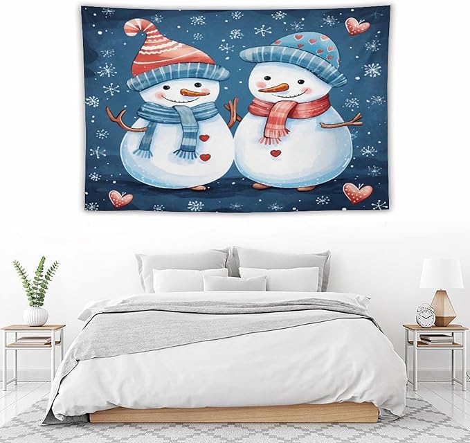 Snowman Couple Tapestries Winter Snowflake Cute Cartoon Funny Snowman Tapestry Vintage Aesthetic Tapestries Landscape Tapestry Bedroom Wall Decor Living Room 60"x90" Christmas Family Party