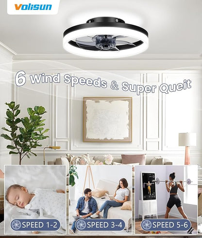 VOLISUN 13 inch Small Ceiling Fans with Lights and Remote, Low Profile Ceiling Fans with Light, 3000K-6500K Dimmable LED Ceiling Light Flush Mount, Bladeless Fandelier Ceiling Fan (Black)