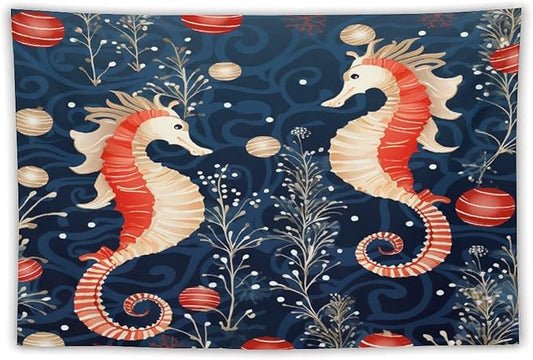 Tapestry Seahorse Christmas Kiss Beach Aesthetic Bedroom Tapestries Ocean Coastal Beach Wall Tapestries Home Decoration for Bedroom Living Room Dorm Landscape 60"x90" Christmas Family Party