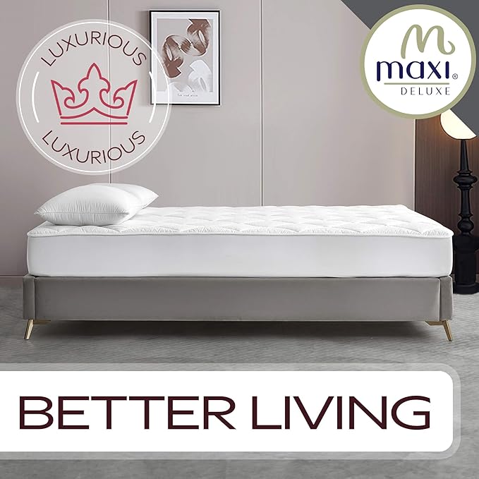 MAXI Short Queen Mattress Pad - Luxurious Cotton Sateen Mattress Protector - Soft, Comfortable, and Breatheable Mattress Cover - Mattress Pad Protects Mattress from Dust, Dirt, Spills, and Stains