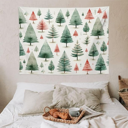 Vintage Christmas Tree Watercolor Tapestries Winter Christmas Wall Hanging Wall Tapestry Aesthetic Landscape Tapestry Wall Decor for Bedroom Living Room Dorm 30"x40" Christmas Family Party