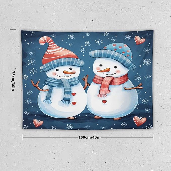 Tapestry Snowman Couple Wall Art Tapestry for Bedroom Aesthetic Cute Snowman with Hat And Scarf Tapestry As Wall Art Home Decor for Room Landscape 30"x40" Tapestries Winter Snowflake Decorative